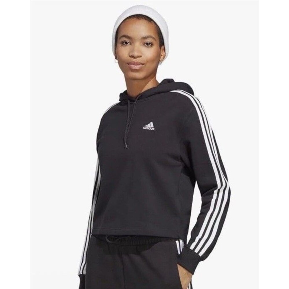 ADIDAS Originals Womens Sz L Black White Logo Cropped Hoodie Sweatshirt Pullover